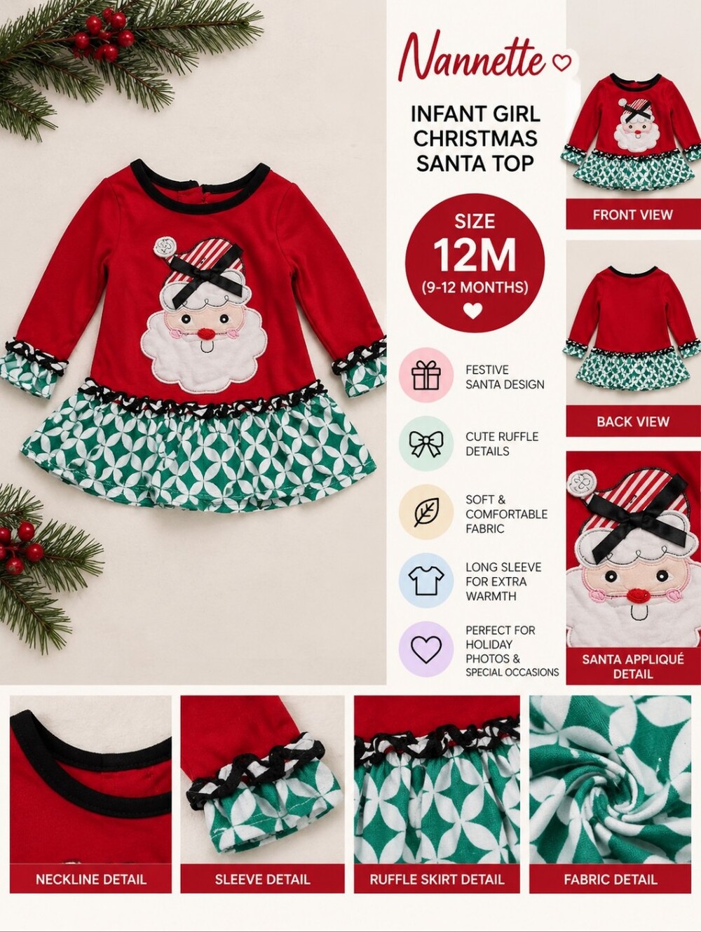 Nannette infant girl 12m christmas santa top #36